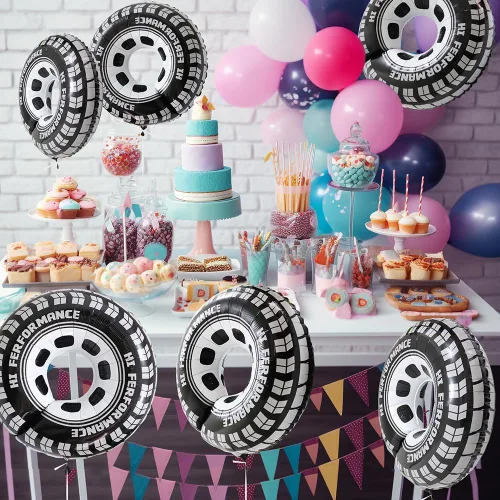 Vista 3 de Globos de fiesta de neumáticos negros de 30 pulgadas, globos clásicos de aluminio de Mylar para hombres y niños, decoración de fiesta de cumpleaños