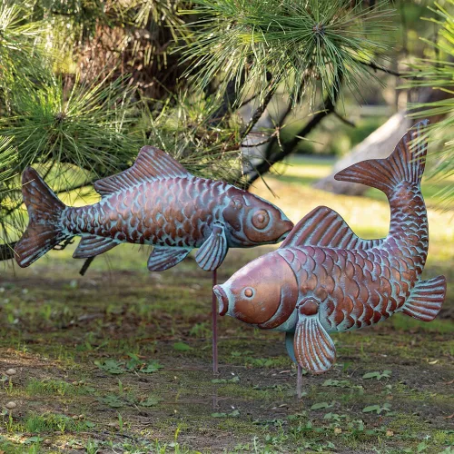Vista 2 de Juego de 2 esculturas de peces Koi para exteriores, estatua de jardín, estanque, peces, patio, esculturas y estatuas de Koi de cobre antiguo