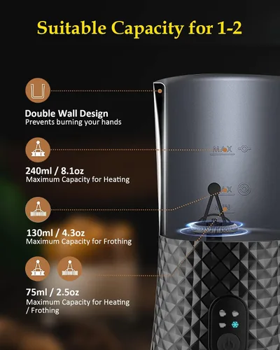 Vista 6 de Espumador de leche eléctrico 4 en 1 y vaporizador de leche, diseño elegante antideslizante, vaporizador de leche caliente y fría con control