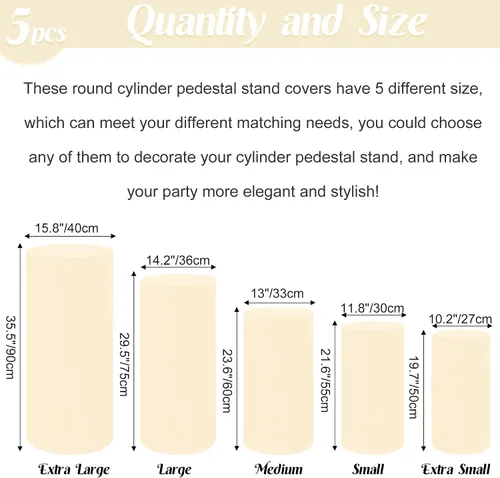 Vista 2 de Fivenl Juego de 5 fundas de elastano para pedestal cilíndrico, color beige, elásticas, cubiertas de zócalo cilíndrico para mesa de postre, cubierta