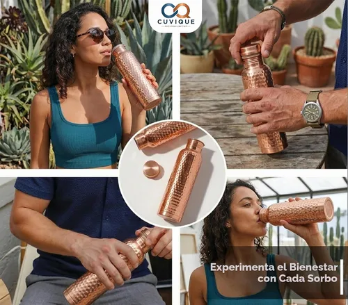 Vista 5 de Botella de agua de cobre 100% puro, 34 onzas (1 litro), botella de cobre martillado con tapa a prueba de fugas, botella de metal reutilizable