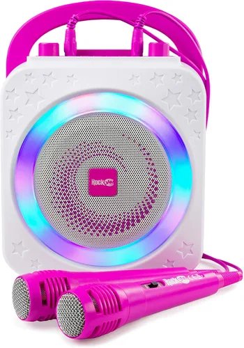 Vista 8 de RockJam Máquina de karaoke Bluetooth recargable de 10 vatios con dos micrófonos, espectáculo de luz y efectos de voz