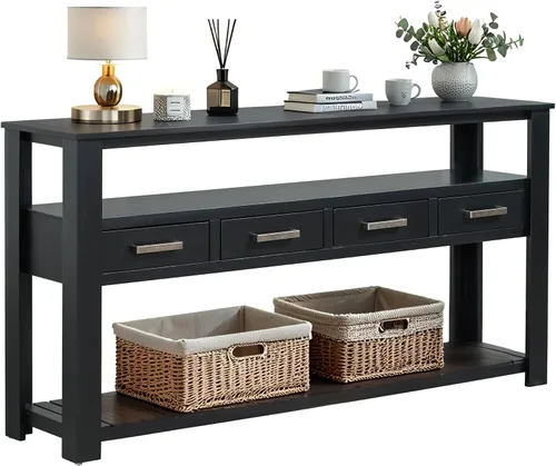 Vista 10 de LKTART - Mesa consola de 63 pulgadas para entrada, mesa de sofá de madera maciza con 4 cajones Blanco antiguo