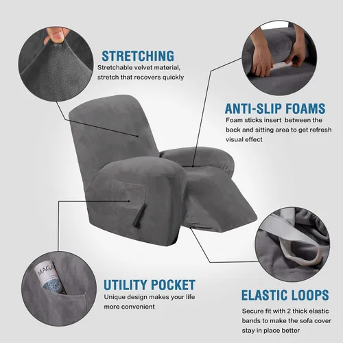 Vista 4 de H.VERSAILTEX 4 fundas elásticas para sofá de 3 cojines (gris) Paquete de 1 funda de terciopelo para sillas reclinables (gris)