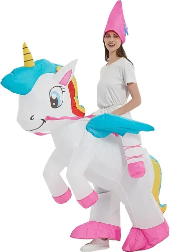 Vista 2 de One Casa Disfraz inflable de unicornio para montar en el aire de unicornio, divertido vestido de fiesta de Halloween para adultos
