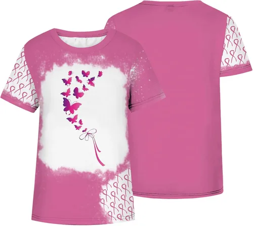 Vista 4 de Womens Breast Cancer Awareness Shirt Pink Ribbon Butterfly T Shirt Motivational Short Sleeve Tops Tee Shirts