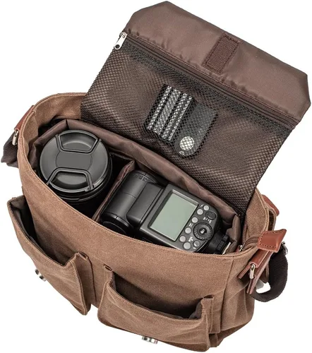 Vista 3 de morral de cuero y lona para computadora portátil + morral de lona para cámara Dslr Slr, marrón (2)