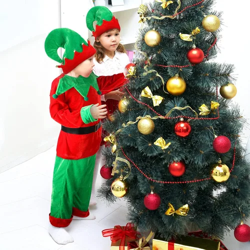 Vista 7 de Hicarer Kids Christmas Elf Costume Set Elf Dress up Santa's Helper Costume Xmas Suit with Elf Hat Shoes Gold Buckle Belt