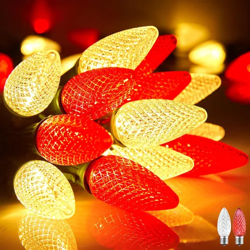 Vista 12 de Brightown Guirnalda de luces de Navidad C9, luces LED de Navidad para exteriores con 100 bombillas C9 de fresa, impermeables, extensibles, C9 Blanco