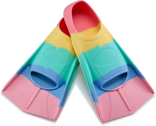 Vista 15 de Aletas de natación para niños, aletas cortas para jóvenes, aletas de entrenamiento de natación para natación de regazo, para niños y niñas Arcoíris-B