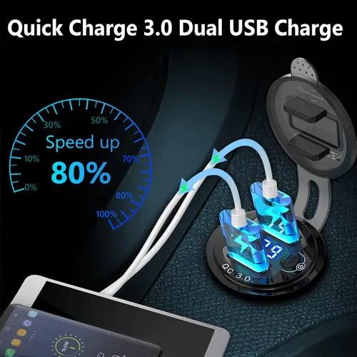 Vista 3 de [Carcasa de metal] Salida USB de 12 V Dual QC 3.0: Qidoe Enchufe de aluminio de 12 voltios para motocicleta con interruptor de botón voltímetro LED