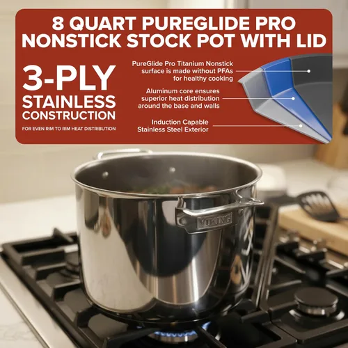 Vista 2 de Viking PureGlide Pro - Olla antiadherente de 3 capas, fabricada sin PFAS, olla de cocción de sopa de inducción de 8 cuartos de galón con tapa