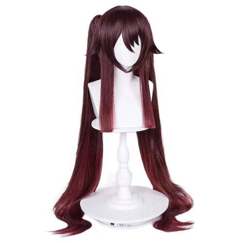 Vista 3 de Hu Tao Peluca larga marrón Hu Tao Cosplay Pelucas + orejas de elfo + redecilla, pelo sintético Hutao para mujeres y niñas con doble cola de caballo