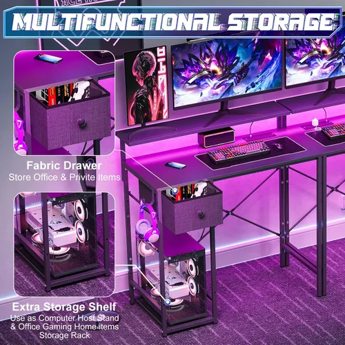 Vista 5 de X-cosrack Escritorio pequeño para juegos de 33.5 pulgadas con luces LED y soporte largo para monitor, escritorio compacto para computadora con tomas