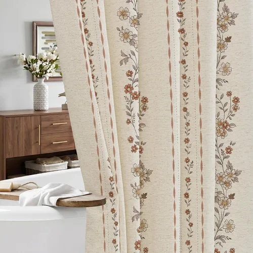 Vista 10 de ORTIGIA Cortinas de ducha negras para baño, juego de cortina de ducha moderna de lino con ganchos de metal, floral, impermeable, vintage, tela