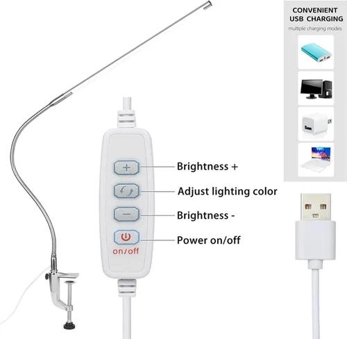 Vista 4 de Lámpara de escritorio con abrazadera, 3 modos, 10 brillo, rotación de 360°, luz de lectura para cuidado de los ojos, cuello de cisne flexible de 8 W