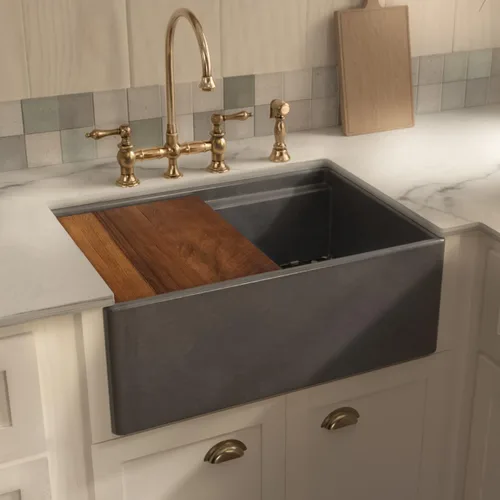 Vista 8 de Whitehaus Reversible Single Bowl Fireclay Sink Set with Smooth Front Apron, Walnut Wood Cutting Board and Stainless Steel Grid (Dark Gray, 27" x 19")