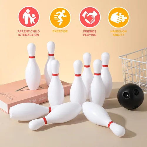 Vista 6 de STOBOK Juego de bolos para niños con 10 pines de plástico y 2 bolas, juguete deportivo para interiores y exteriores, juguetes educativos