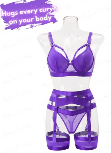 Vista 44 de Kaei&Shi - Lencería con liguero para mujer, conjunto de encaje traslúcido y sexy de 4 piezas combinadas