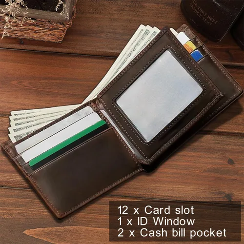 Vista 2 de HRS Cartera de cuero genuino para hombre, Marrón, 12 ranuras para tarjetas