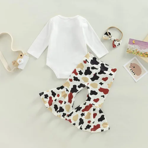 Vista 11 de Conjunto de ropa de bebé occidental para niñas, con estampado de vaca, pantalón y diadema
