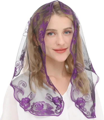 Vista 3 de Ammmscaf Chaple Veil Lace Mantilla Católica Masa Bordado Cabeza Que Cubre Velo De Iglesia