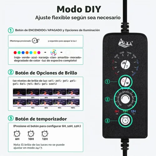 Vista 2 de AQQA - Luz LED para acuario, 24/7 y modo DIY de espectro completo para pecera Adjustable Timer/Brightness, Extendable Bracket Aquarium Plant