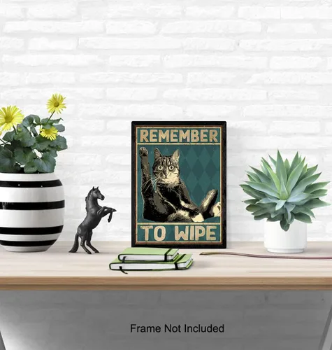 Vista 5 de Divertida decoración de baño de gato, póster con texto en inglés "Remember to Wipe Cat", decoración de pared de baño, decoración de pared de baño