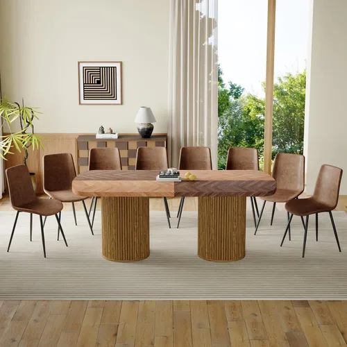 Vista 17 de Mesa de comedor extra larga de 78.7 pulgadas para 6-10 personas, mesa de cocina moderna con bases estriadas, mesa de comedor rectangular de granja