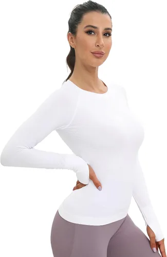 Vista 3 de MathCat Camisetas de Entrenamiento sin Costuras para Mujeres de Manga Larga para Yoga y Correr, Transpirables, con Agujeros para el Pulgar, Tops
