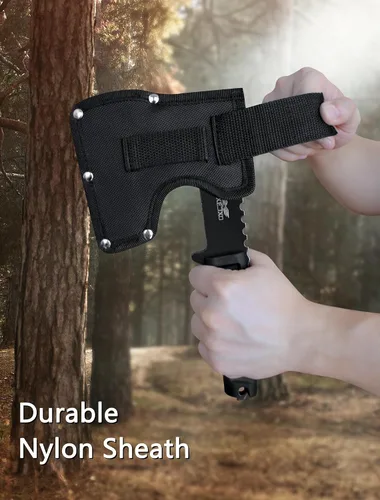 Vista 6 de Hacha, hacha de campamento de 9.8 pulgadas, mango de goma ergonómico, con funda de nailon duradero para bushcraft y camping
