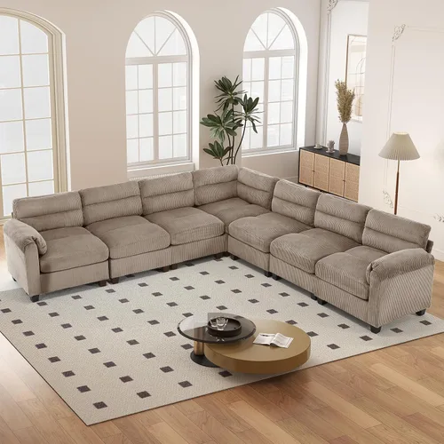Vista 58 de HAOMARKETS Sofá esquinero modular en forma de L de 115 pulgadas con 2 otomanas móviles, sofás de pana de 8 plazas con cojín grueso para sala de Beige