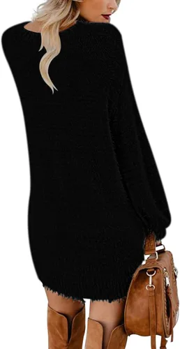 Vista 2 de Meenew - Vestido tipo suéter largo, holgado, peludo, de gran tamaño, sin botones y con cuello redondo para mujer