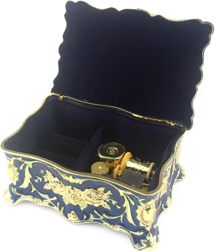 Vista 10 de ROSIKING Caja de música de aleación de metal en relieve en forma de corazón azul, caja musical antigua para joyería con cuerda, regalos