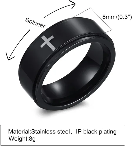 Vista 2 de Ropartman Anillo giratorio de acero inoxidable para hombres, anillos plateados y negros para la ansiedad, anillo de cruz de oración para aliviar