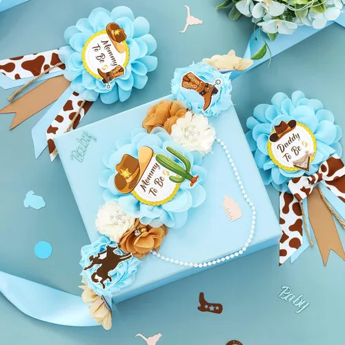 Vista 3 de Decoraciones de vaquero para baby shower, banda de maternidad de vaquero azul para baby shower, diseño de vaquero para mamá para ser papá para baby