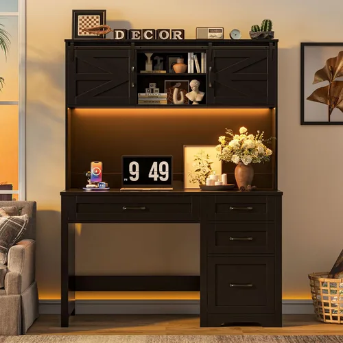 Vista 15 de Escritorio ejecutivo de granja de 67 pulgadas de alto con gabinete, mesa de oficina con luz LED y 4 cajones, escritorio para computadora