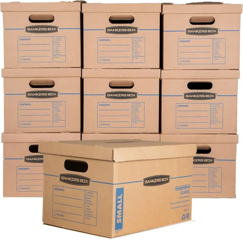 Vista 8 de Bankers Box Caja de mudanza clásica pequeña, paquete de 10 unidades, asas reforzadas, montaje sin cinta, caja con tapa, 15 x 12 x 10 pulgadas