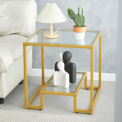 Vista 9 de Mesa de centro de cristal de metal negro, mesa de centro simple para sala de estar, hogar, mesa de centro con marco de metal con 2 estantes, mesa