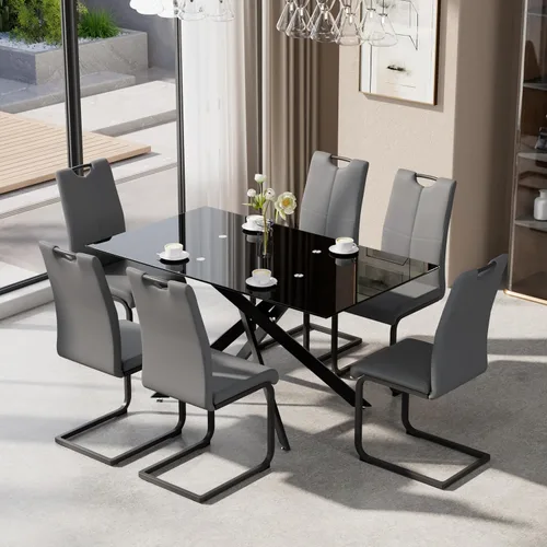 Vista 14 de Juego de mesa de comedor de 5 piezas para 4, mesa rectangular moderna de cristal con 4 sillas tapizadas de cuero, juegos de mesa y sillas de comedor