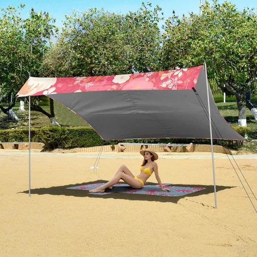 Vista 6 de Pink White Carnation Flowers Beach Canopy UPF50+ Protection Waterproof Large Sun Shade Includes Sand Shovel, Sandbags, Stability Poles for Camping