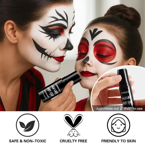 Vista 3 de BOBISUKA Pintura facial y corporal en barra negra lavable a base de agua, para Halloween, esqueleto, calavera, payaso, bromista, cosplay, SFX, ojos