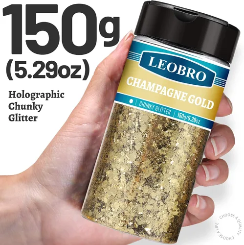 Vista 2 de LEOBRO - Purpurina dorada champán, 150g/5.29oz, purpurina gruesa para manualidades, resina, uñas, cuerpo, cara, vaso DIY, decoraciones