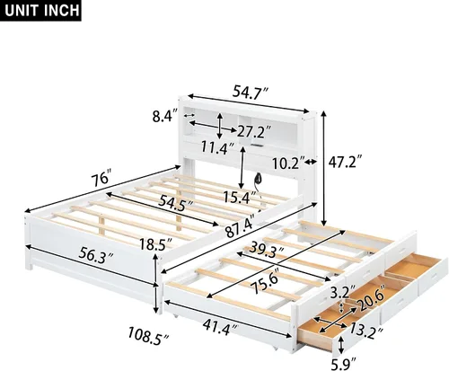 Vista 3 de VilroCaz Cama de plataforma multifunción de tamaño matrimonial con nido y cajones, plataforma de madera con cabecera de almacenamiento y enchufes