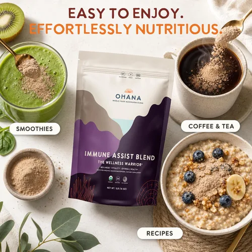 Vista 4 de Ohana Immune Assist Blend, polvo orgánico de hongos integrales USDA, mezcla de 8 hongos cultivados en Estados Unidos, ideal para energía, inmunidad