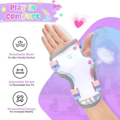 Vista 3 de Patines para niños (unicornio arcoíris, S) + juego de equipo de protección con aspecto de cuero iridiscente con bolsa con cordón (S)