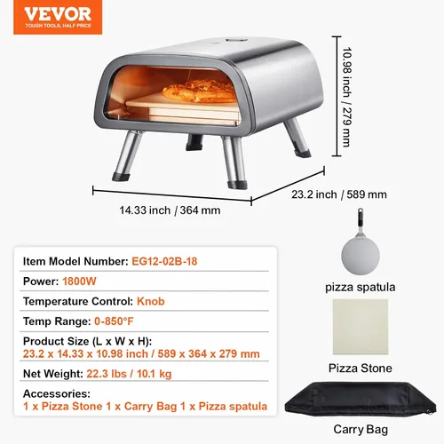 Vista 7 de VEVOR Horno eléctrico de pizza de 12 pulgadas, máquina para hacer pizza de acero inoxidable con piedra para pizza y espátula, calienta hasta 850 °F