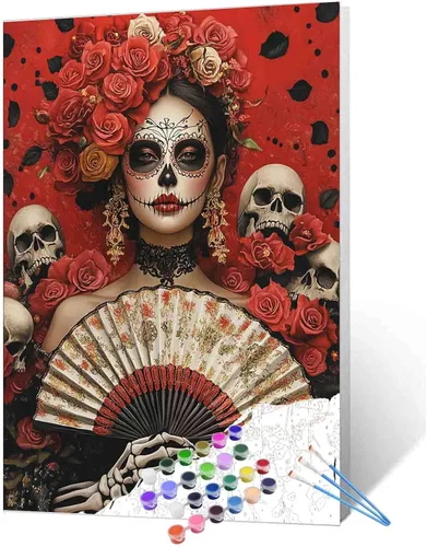 Vista 23 de Tucocoo Decoración del Día de los Muertos, pintura por números, esqueleto para parejas, pintura por números sobre lienzo con pinceles y pigmento