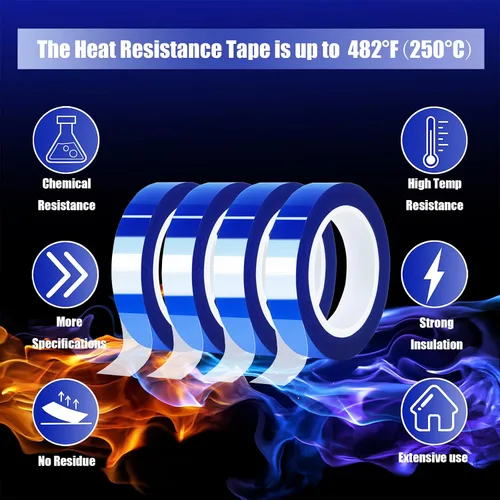 Vista 6 de MEBMIK 4 rollos de 10 mm x 16 m (52 pies) Cinta térmica azul de alta temperatura, cinta resistente al calor, cinta de transferencia de calor