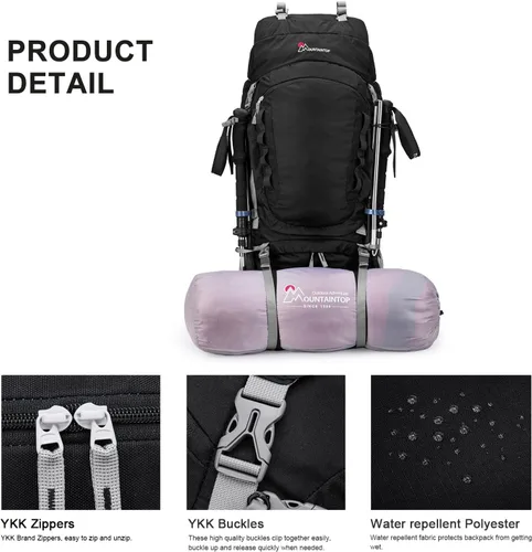 Vista 7 de MOUNTAINTOP Mochila de marco interno 80L, paquete de mochila de gran Negro-80L